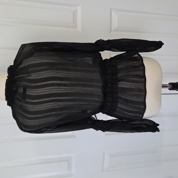 VINTAGE CHIC SPIEGEL SHEER BLACK STRIPED RUFFLE PEASANT PEPLUM BLOUSE 8 - Picture 9 of 13
